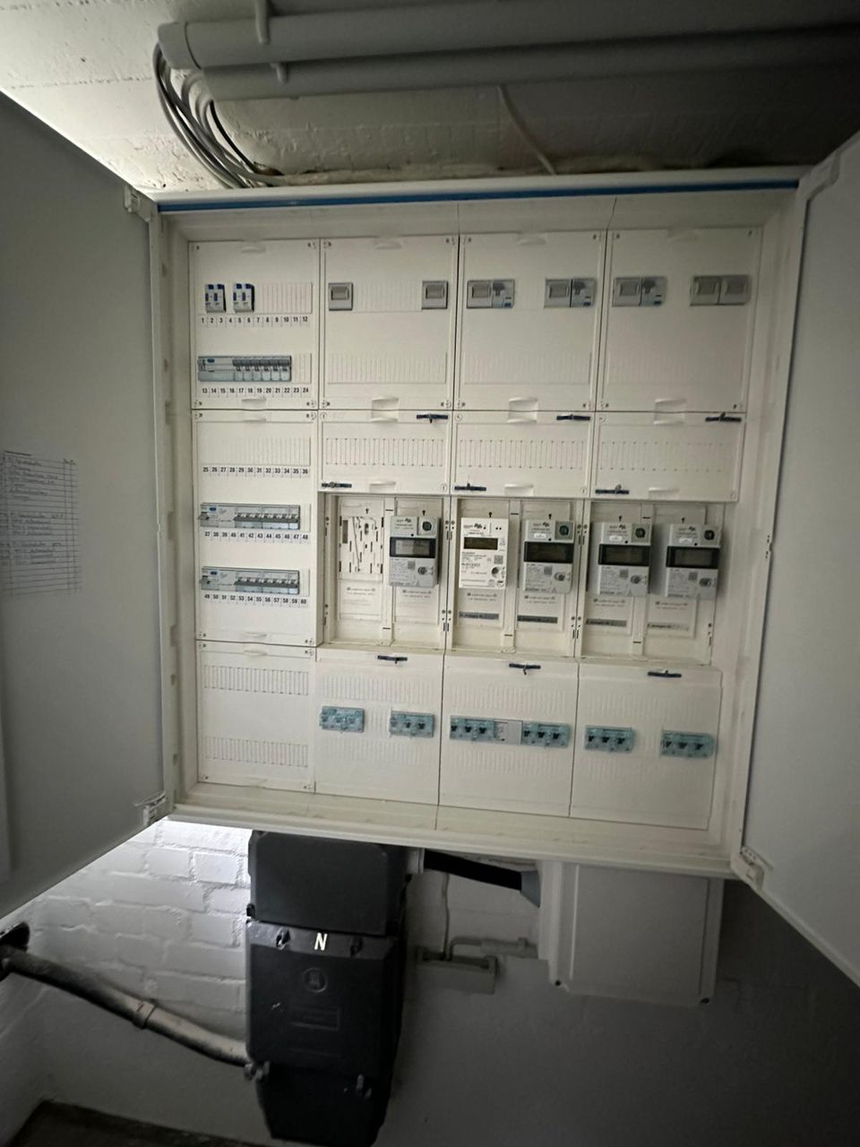 Geöffneter Zählerschrank mit mehreren Zählerplätzen und neu verdrahteten Sicherungen